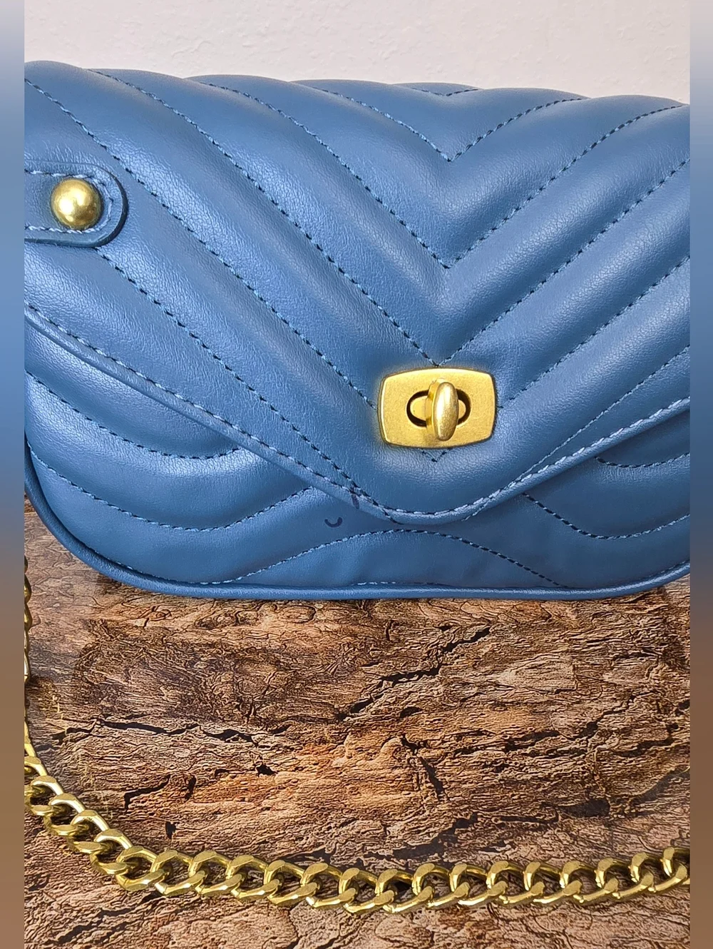 Quilted Blue Crossbody Bag w/ Gold Chain Strap & Mini Coin Pouch – Chic & Trendy